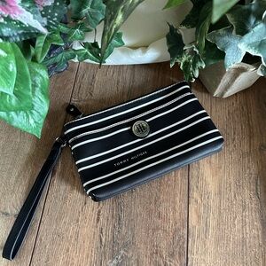 Tommy Hilfiger Black & White Striped Wristlet - Unisex, Minimalist